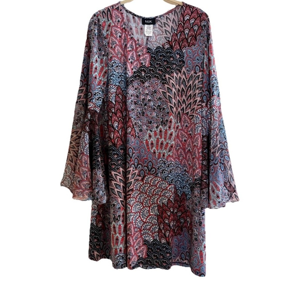 MSK Mini Dress XL Multicolor Sheer Bell Sleeves Boho Colorful Festive